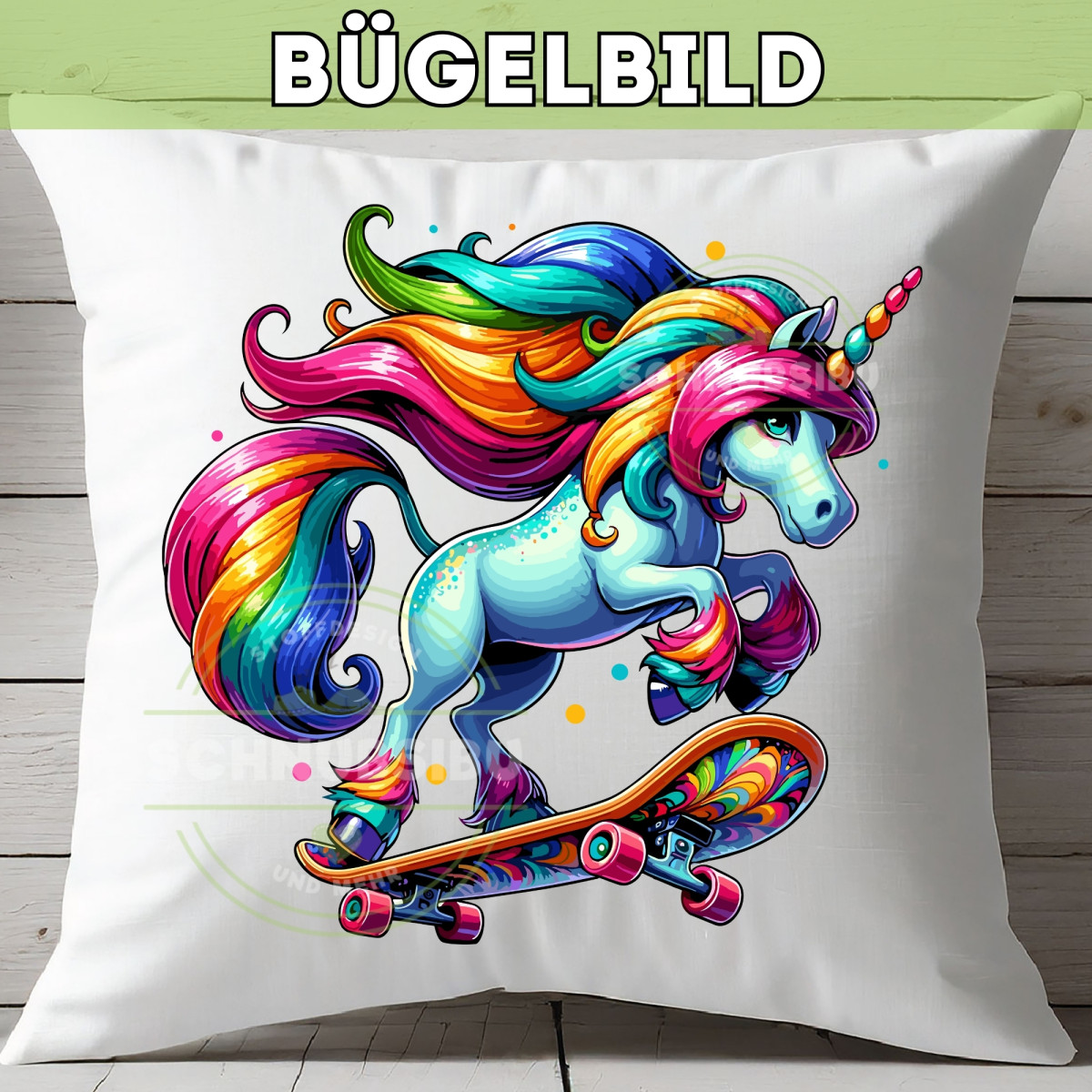 Bügelbild Einhorn auf Skateboard